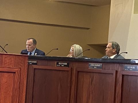 From the left: Lawton City Manager Michael Cleghorn addresses the Lawton City Council as Council members Mary Ann Hankins and Kelly Harris listen March 8 at Lawton City Hall. The council voted to approve the city’s master plan for parks, trails, recreation programs and open spaces.  Eric Swanson/The Ledger