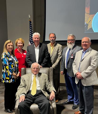 Great Plains Technology Center and GPTC Foundation board members are shown Tuesday at the school. From the left: Foundation President Denise Floyd; Foundation Director/Deputy Superintendent Karen Bailey; Dr. George Bridges, Foundation board member; Arthur Patrick, Board of Education member; Clarence Fortney, GPTC superintendent; and Kent Jester, Foundation board member. Seated is Chuck Wade, Foundation chairman emeritus. Great Plains Technology Center photo