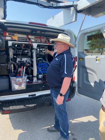 Caption: Tom Goodyear, lead laser crack measurement system operator for Infrastructure Management Services, displays equipment inside an IMS van Tuesday at the Lawton Public Works Department. IMS is gearing up for an analysis of Lawton’s streets, which will help city officials decide which streets should be repaired first.  Eric Swanson/Staff photo 