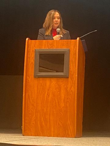 State Auditor and Inspector Cindy Byrd addresses the audience for a training session on the Oklahoma Open Meeting and Open Records Act April 21 in the Apache Casino ballroom. Byrd teamed up with municipal attorney Amanda Mullins for the event, which provided an overview of the state’s sunshine laws. Eric Swanson/Staff photo