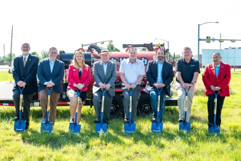 Local officials and representatives of Bluepeak broke ground Wednesday for Bluepeak’s new fiber-optic network. From left: John McArthur, Cameron University; Jeremy Davidson, Bluepeak community marketing manager; Dr. Krista Ratliff, Lawton-Fort Sill Chamber of Commerce; Lawton Mayor Stan Booker; Desi Stoops, Bluepeak vice president of market development; City Manager Michael Cleghorn; and Joe Diaz, Coast Audio Video.  Photo courtesy of Bluepeak