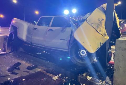 This pickup was on cruise control June 4 when it smashed into the traffic attenuator at the Newcastle gate on the H.E. Bailey Turnpike, narrowly missing the toll booth. The driver was injured but survived the crash. Photo courtesy Oklahoma Turnpike Authority