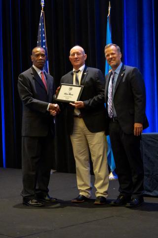 : From the left, Lawton Police Chief James Smith is shown with the Oklahoma Association of Police Chiefs’ outgoing president, Weatherford Police Chief Louis Flowers, and OACP Executive Director Steve Whitlock. Smith was named OACP’s new president at the organization’s recent conference in Durant.  Photo courtesy of City of Lawton
