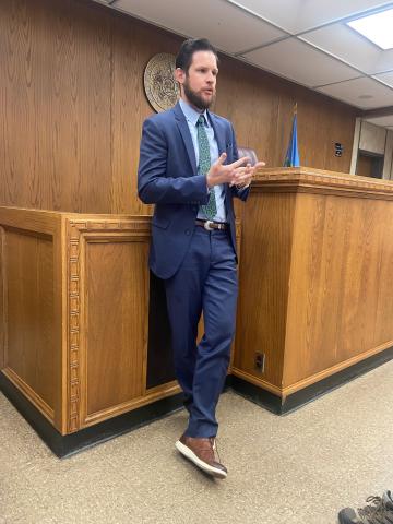 Attorney David Floyd discusses American Rescue Plan Act funding for cities and towns during Monday’s Comanche County Board of Commissioners meeting. The commission voted unanimously to divide $2.3 million in ARPA funds among the county’s cities and towns except for Lawton, which received its ARPA allocation directly from the federal government.  Eric Swanson/Staff photo