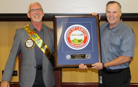 From the left, Deputy City Manager Richard Rogalski is shown with Lawton City Manager Michael Cleghorn during Rogalski’s recent retirement party. Rogalski retired after 21 years of service to the city. Photo courtesy City of Lawton