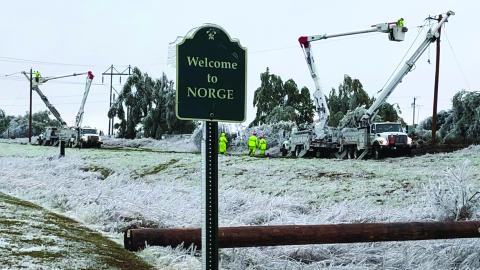 Crews from Public Service Co. of Oklahoma and a sister company, SWEPCO, work to restore electricity in Norge, in Grady County, after a winter storm in late October 2020 brought a continuous wave of rain, sleet, snow, frigid wind and freezing rain to much of western and central Oklahoma over a three-day period. Transmission and distribution damages PSO reported included replacement of approximately 250 utility poles, replacement of 713 crossarms, 308 downed spans of conductors requiring replacement of more t