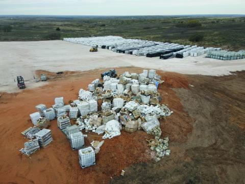 The sheriff’s office in Wheeler County contacted TCEQ, raising concerns about shipments of palletized hand sanitizer that were received and stored at this unimproved site in Shamrock, Texas. (Photo provided)