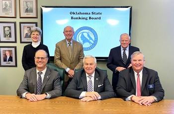 Members of the State Banking Board include Sandy Bracken, First Liberty Bank; Tom Thompson, Lay Member; Bob Newcomb, Bank of Western Oklahoma; Wade Huckabay, All America Bank; State Banking Commissioner Mick Thompson; and Brad Krieger, Arvest Bank. Not shown: Dennis Brand, BancFirst. PHOTO PROVIDED
