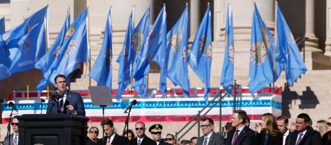 Oklahoma Governor Kevin Stitt speaks Monday afternoon after being sworn into this second term. Stitt told the crowd he would continue his efforts to “make Oklahoman a top 10 state.”  The governor also pledged to build a stronger state economy and a more sustainable Oklahoma. RIP STELL | SOUTHWEST LEDGER