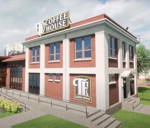 This is an artistic rendering of the Town’s End Coffee House that California developer Chet Hitt envisions for the Mill Building. The Chickasha Municipal Authority voted to sell the vacant, aged building to Hitt, an Anadarko high school graduate who said he plans to invest perhaps $5 million on redevelopment projects in Chickasha. PROVIDED