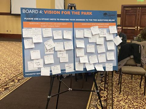 Sticky notes with people’s ideas for the future of Elmer Thomas Park cover a board during a Feb. 7 meeting at Lawton City Hall. The Texas-based engineering firm Halff Associates hosted the meeting to gather information that will help the company develop a conceptual plan for the park. ERIC SWANSON | SOUTHWEST LEDGER