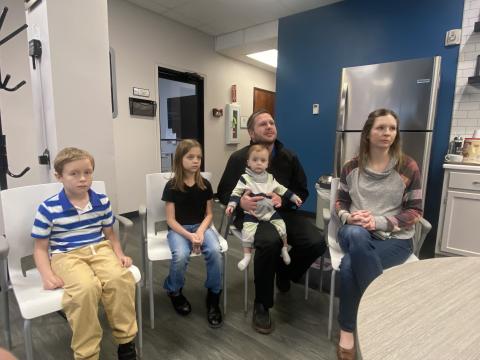 From the left, Owen, Gwyneth and Theodore Poudrier are shown with their parents, Jason and Chelsey Poudrier, during a Jan. 31 interview at the Oklahoma Blood Institute in Lawton. The Poudriers shared Theodore’s story to encourage people to donate blood. ERIC SWANSON | SOUTHWEST LEDGER