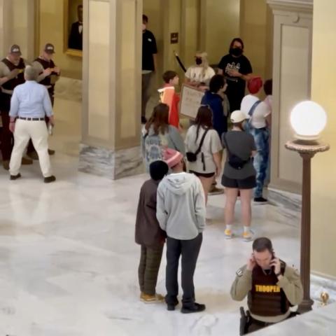 A protestor, angry over the passage of House Bill 2177, threw water on state Rep. Bob Ed Culver, and later scuffled with an unidentified Oklahoma State Trooper, Tuesday.PROVIDED