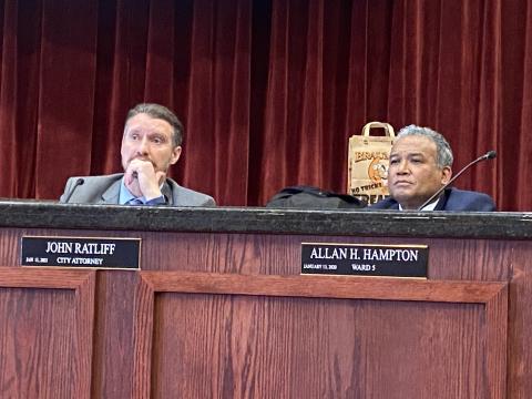 From the left, City Attorney John Ratliff and Lawton City Councilman Allan Hampton listen to a discussion Thursday at City Hall. The council voted unanimously to approve a redevelopment agreement with Westwin Elements, which plans to build a refinery for cobalt and other critical minerals in Lawton. ERIC SWANSON | SOUTHWEST LEDGER