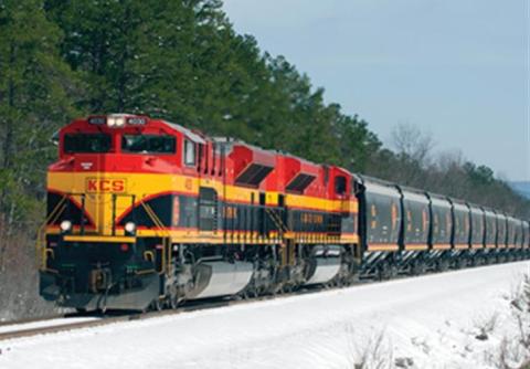 A Kansas City Southern grain train is seen traveling through Page, Oklahoma, in southeastern LeFlore County, after a 2014 snowstorm. KANSAS CITY SOUTHERN RAILWAY