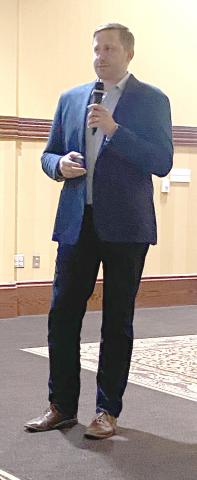 James Hazzard, landscape architect for Halff Associates, addresses the audience during a town hall meeting March 1 at Lawton City Hall. Halff hosted the meeting to hear Lawtonians’ thoughts on the draft version of a master plan for Elmer Thomas Park. ERIC SWANSON | SOUTHWEST LEDGER