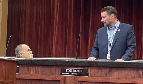 From the left, Lawton City Councilman George Gill talks with Acting City Manager John Ratliff before the council’s March 14 meeting. The council will issue a request for proposals from recruiting firms interested in helping the city search for a new city manager. ERIC SWANSON | SOUTHWEST LEDGER