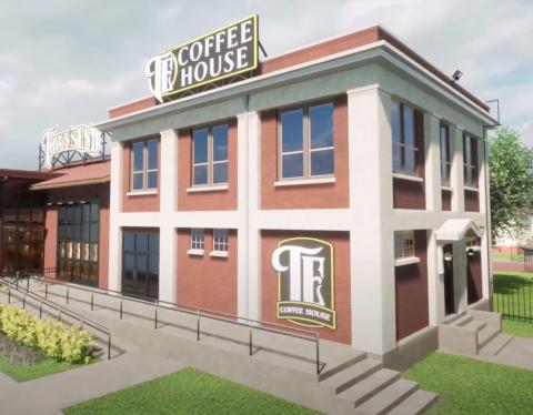 This is an artistic rendering of the Town’s End Coffee House that California developer Chet Hitt envisions for the Mill Building. The Chickasha Municipal Authority voted to sell the vacant, aged building to Hitt, an Anadarko high school graduate who said he plans to invest perhaps $5 million on redevelopment projects in Chickasha. PROVIDED