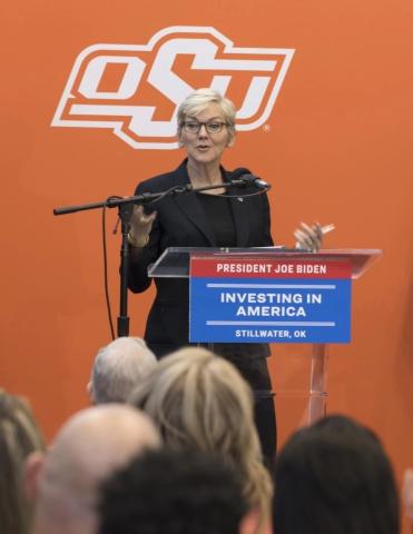 U.S. Energy Secretary Jennifer Granholm announces a $7 million grant to OSU for an energy conservation research and training program. PHIL SHOCKLEY | KOSU