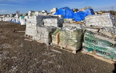 Numerous pallets of hand sanitizer are still stacked at the old H&B Manufacturing site in Ninnekah. CURTIS W. AWBREY | SOUTHWEST LEDGER