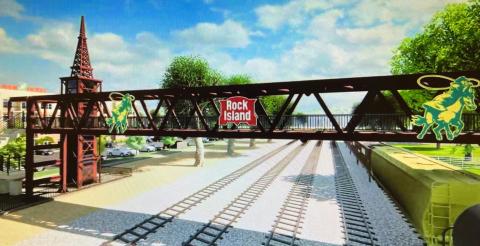 Screenshot of the artist’s conception. A proposed pedestrian bridge would be constructed from the Grady County Fairgrounds to Old Town Chickasha over the railroad tracks.
