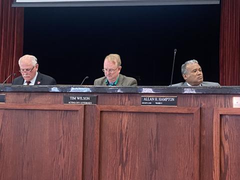 From the left, Lawton Mayor Stan Booker, Acting City Attorney Tim Wilson and Councilman Allan Hampton listen to a discussion May 2 at City Hall. The council voted 5-2 to create a program designed to streamline the process for qualified builders to obtain a certificate of occupancy. ERIC SWANSON | SOUTHWEST LEDGER