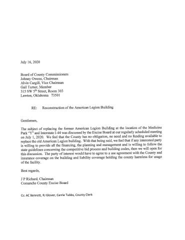 American Legion Building, Letter to BOCC