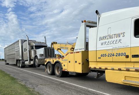 High winds that raked central and western Oklahoma last Saturday evening blew over a truck hauling an empty cattle trailer 4.5 miles north of Chickasha on U.S. Highway 81. The vehicle was righted by a heavy wrecker and was hauled away from the scene a short time later. CURTIS W. AWBREY | SOUTHWEST LEDGER