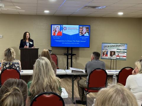 State Auditor and Inspector Cindy Byrd addresses the audience during a May 24 workshop at the Elgin Community Center. Byrd teamed up with municipal attorney Amanda Mullins for the workshop, which provided overviews of Oklahoma’s open-meetings and open-records laws. CURTIS AWBREY | SOUTHWEST LEDGER