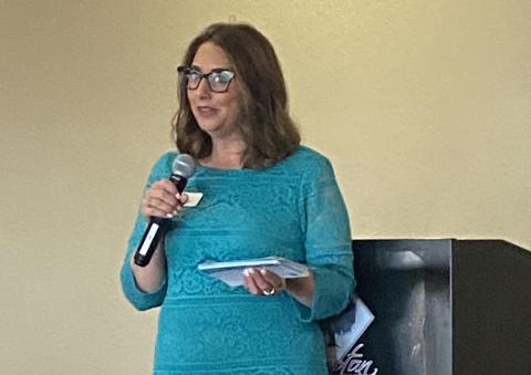 Jenna Morey, executive director of ReMerge, addresses members of the Lawton Business Women’s Club and the Mayor’s Commission on the Status of Women during the club’s May 10 meeting at the Lawton County Club. ReMerge serves women facing nonviolent felony charges in Oklahoma County but have not been convicted or lost their rights to their children. ERIC SWANSON | SOUTHWEST LEDGER