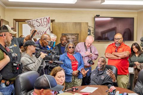Following the release of a recording of the March 6 McCurtain County Commissioners’ meeting which contained racist and offensive remarks made by county officials, Idabel City Mayor Craig Young, seated, speaks during the April 17 commissioners’ meeting. Young recently received a letter from State Attorney General Gentner Drummond outlining the investigation into whether or not the AG’s office could ouster McCurtain County Sheriff Kevin Clardy and Deputy Alicia Manning. CHRISTOPHER BRYAN | SOUTHWEST LEDGER
