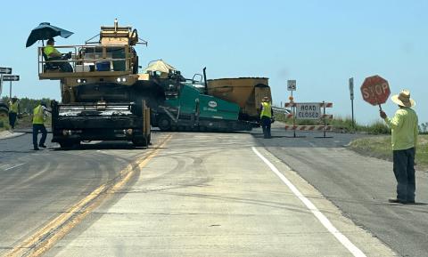 An asphalt overlay project on US-62 between Lawton and Cache is progressing. The state Transportation Commission awarded a $6.2 million contract on the job to Overland Corp. in April; the work is projected to be finished in August, weather permitting, reported Mills Leslie of the DOT’s Strategic Communications Division. Here, the contractor is resurfacing the on/off ramps extending from US-62 to the SH-115 overpass leading to the Wichita Mountains Wildlife Refuge. KYLETTA RAY | SOUTHWEST LEDGER