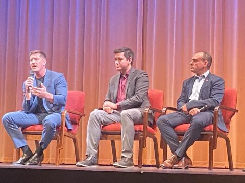 Daniel Smith, vice president of external affairs for Westwin Elements, addresses the audience while vice president of technology Xavier Wong and vice president of operations John Shelegey listen during an Oct. 11 town hall meeting at McMahon Memorial Auditorium. Westwin teamed up with Lawton’s economic development organizations to host the event, which was designed to give people more information about Westwin’s plans to build a nickel and cobalt refinery in Lawton. ERIC SWANSON | SOUTHWEST LEDGER