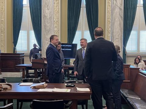 Mindy Ragan Wood | Southwest Ledger State Chamber President and CEO Chad Warmington speaks to reporters Wednesday following an Oklahoma Supreme Court hearing on a legal challenge to SQ 832 to raise minimum wage. 