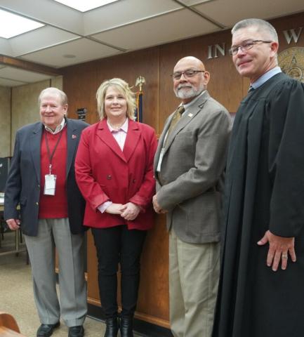 From the left, Comanche County Commissioner Johnny Owens, County Clerk Carrie Tubbs and Court Clerk Robert Morales are shown with District Judge Scott Meaders following a swearing-in ceremony Dec. 27 at the Comanche County Courthouse. The three officials were reelected without opposition earlier this year. Sheriff Michael Merritt (not pictured) was sworn into office Dec. 27 in a separate ceremony.