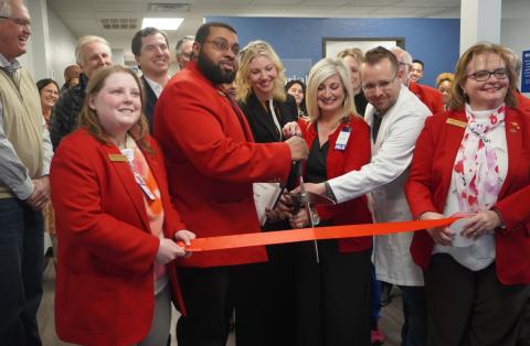 Eric Swanson | Southwest Ledger Lawton-Fort Sill Chamber of Commerce Redcoats and staffers at Comanche County Memorial Hospital’s new Memorial Express Lab prepare for the lab’s Feb. 14 ribbon-cutting ceremony. The lab gives people a place to have their lab work done without having to visit the outpatient lab on CCMH’s main campus.