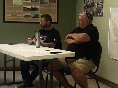 Eric Swanson | Southwest Ledger From the left, Medicine Park Economic Development Authority members Noel Alsbrook and Rich Amadon listen to a discussion during the board’s Aug. 13 meeting. MPEDA, which is exploring the possibility of turning the dugout farm in town into a museum, is seeking a survey of the property.