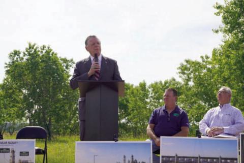 From the left, Congressman Tom Cole speaks as Derek Williamson, CEO of Green Fuels Operating, and Lyle Roggow, president and CEO of the Duncan Area Economic Development Foundation, listen during a groundbreaking ceremony at the Stephens County Refinery Property site. The fuel producer Green Fuels Operating is planning to build a new refinery at the site.  Eric Swanson | Southwest Ledger