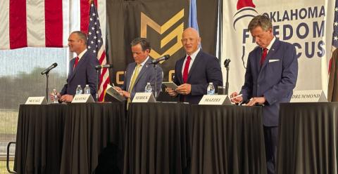Republican gubernatorial candidates answer a barrage of questions during a Monday night debate hosted by Oklahoma Freedom Caucus at the Oklahoma History Center in Oklahoma City. From left, Charles McCall, Chip Keating, Jake Merrick and Mike Mazzei. Mindy Ragan Wood | Southwest Ledger