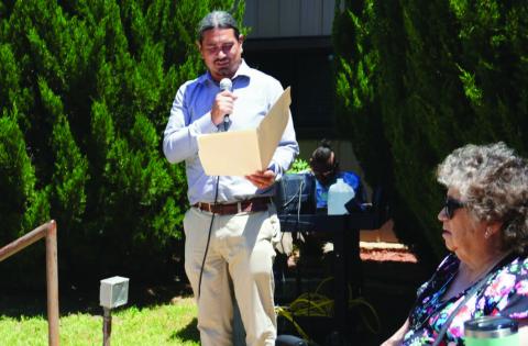 Comanche Nation Chairman Forrest Tahdooahnippah reads a proclamation designating May 21 as Meech Tahsequah Day during a ceremony at the Tahsequah Memorial Garden, located at the Comanche Nation Tribal Complex. The tribe honored Meech Tahsequah, who was an Air Force pilot during World War II and the Korean War. Eric Swanson | Southwest Ledger