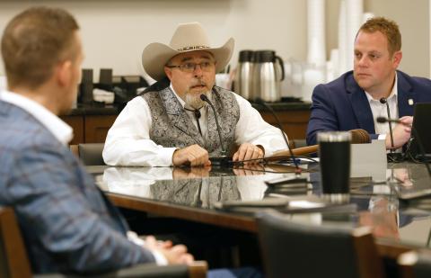 Rip Stell | Southwest Ledger The state House Committee on Energy and Natural Resources held an interim study Oct. 30 that focused on the Kiamichi River. Rep. Brad Boles (R-Marlow), right, chairman of the committee, listens as Rep. J.J. Humphrey (R-Lane), center, discusses the issue.