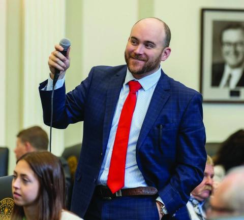 House of Representatives State Rep. Trey Caldwell (R-Faxon) answers questions about his House Bill 2747 during floor debate in the Oklahoma House of Representatives.