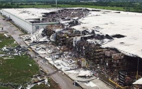 An EF-4 tornado 18 months ago ripped open the roof of the one million square-foot Dollar Tree distribution center at Marietta and gutted the massive structure, resulting in its closure. Provided
