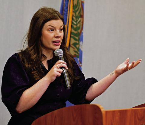 Taylor Nelson, chief communications officer for the Oklahoman Tourism and Recreation Department, speaks during the Lawton Fort Sill Chamber of Commerce’s State of Tourism Luncheon last Monday at the Apache Casino Hotel. Stephen Robertson | Southwest Ledger