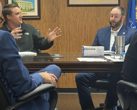 Bryanna Ramos | Southwest Ledger Comanche County Commissioner Ryan John, left, and Commission Chairman Josh Powers, right, exchange words during a heated commissioners’ meeting Monday morning.