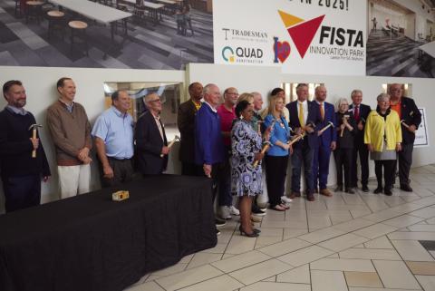 State and local leaders hold hammers for a groundbreaking ceremony Nov. 1 in Central Plaza. The FISTA Development Trust Authority hosted the event to celebrate the start of construction for FISTA’s new STEM lab and associated manufacturing space. Eric Swanson | Southwest Ledger