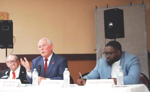 From the left, mayoral candidates Ron Ballew, Mayor Stan Booker and Jacobi Crowley address the audience during an Aug. 11 forum at Veterans of Foreign Wars Post 5263 in Lawton. Voters will choose the next mayor when they go to the polls Aug. 27. Eric Swanson | Southwest Ledger