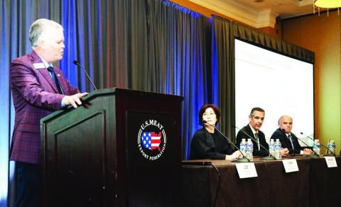 Provided From the left, U.S. Meat Export Federation Senior Vice President for Communications Joe Schuele, moderates an international staff panel discussion on current trade challenges featuring Jihae Yang, vice president for the Asia Pacific; Gerardo Rodriguez, director for Mexico, Central America and the Dominican Republic; and Latin American Representative Homero Recio.