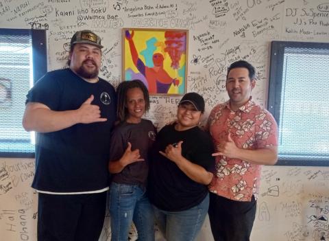 Debi DeSilver | Southwest Ledger Pictured left to right in front of the customer appreciation wall at Tropic Lightning, 1108 SW Park Ave., are Tai Suani, cook; Heilyene Huber, assistant manager; Noreen Vally, partner/operations manager; and cofounder Nick Kamono. Cofounder Nate Kamono (not pictured.)