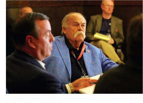 From the left, Lawton Economic Development Authority Chairman David Madigan and board member George Gill listen to a discussion Thursday at Lawton City Hall. The board acknowledged Westwin Elements’ notice of election not to proceed with a large-scale commercial refinery in Lawton.